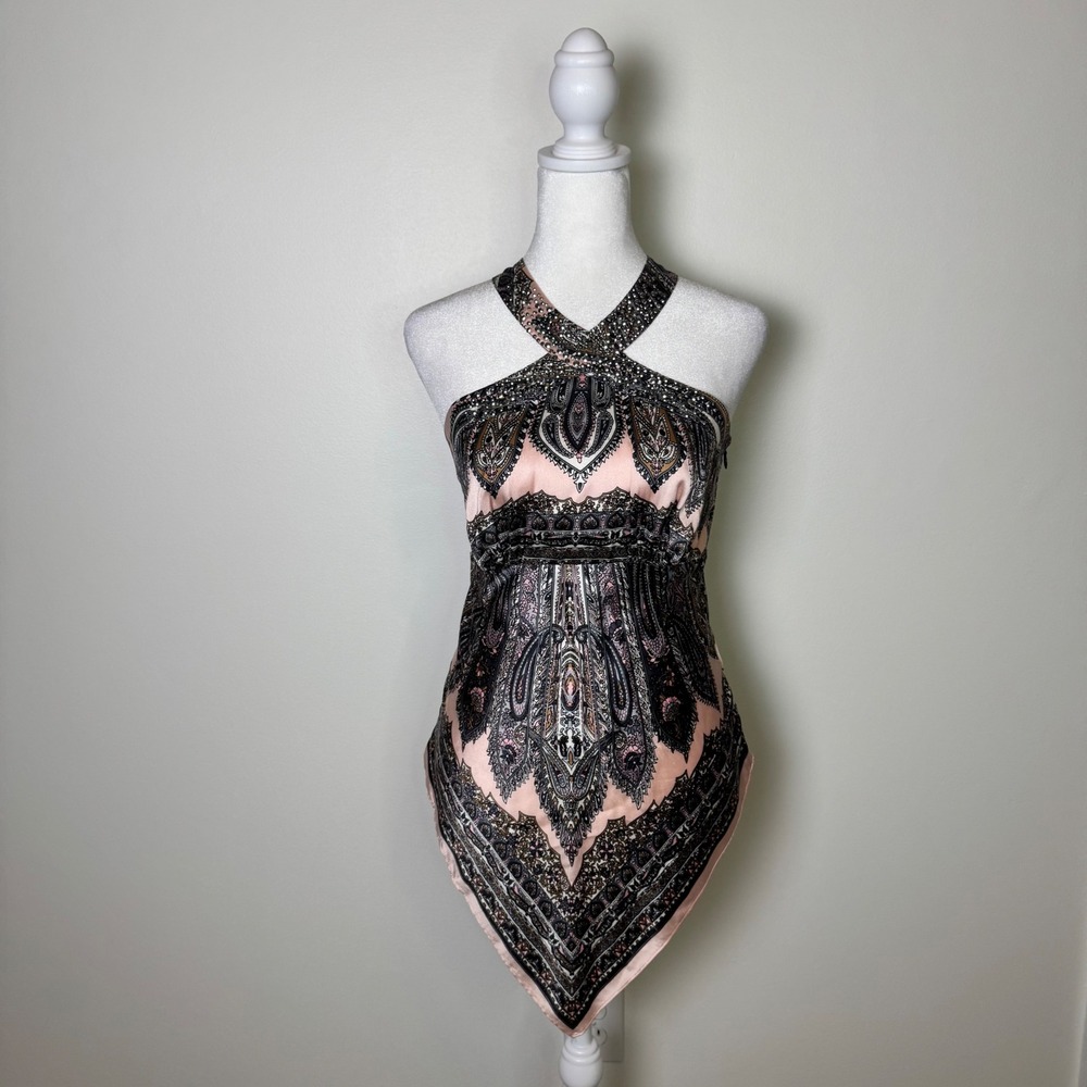 Vintage Cache Silk Halter Top Y2K Studded Paisley Handkerchief Hem size Medium